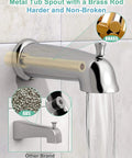Metal tub spout with brass rod and flowing water, showcasing durability and design, part of Brushed Gold 3 Way Shower Faucet Set.