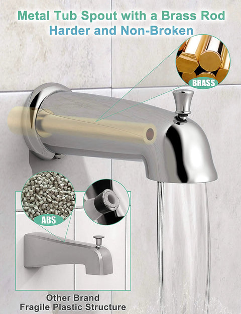 Metal tub spout with brass rod and flowing water, showcasing durability and design, part of Brushed Gold 3 Way Shower Faucet Set.