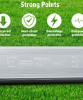 AC to DC Transformer 400 Watts IP67 Waterproof LED Driver with protection icons displayed on green grass background