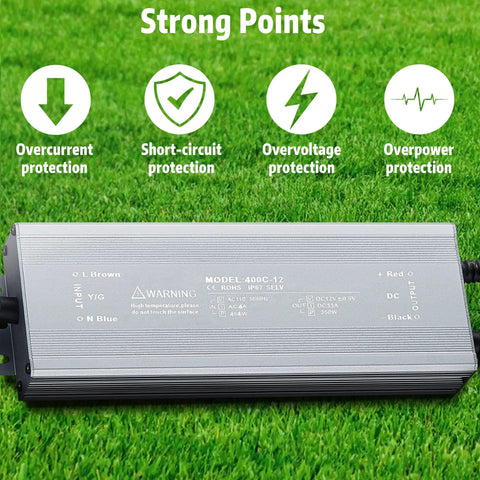 AC to DC Transformer 400 Watts IP67 Waterproof LED Driver with protection icons displayed on green grass background