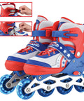 Red, blue, and white LED Light Up Inline Skates For Kids With Three Adjustable Sizes, showing closure and adjustment details.