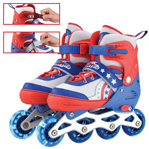 Red, blue, and white LED Light Up Inline Skates For Kids With Three Adjustable Sizes, showing closure and adjustment details.