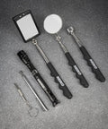 Front view of six-piece Neiko magnetic pickup tool set with telescoping mirrors and flashlight; includes rectangular and round mirror heads
