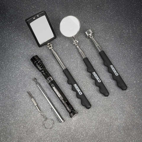 Front view of six-piece Neiko magnetic pickup tool set with telescoping mirrors and flashlight; includes rectangular and round mirror heads