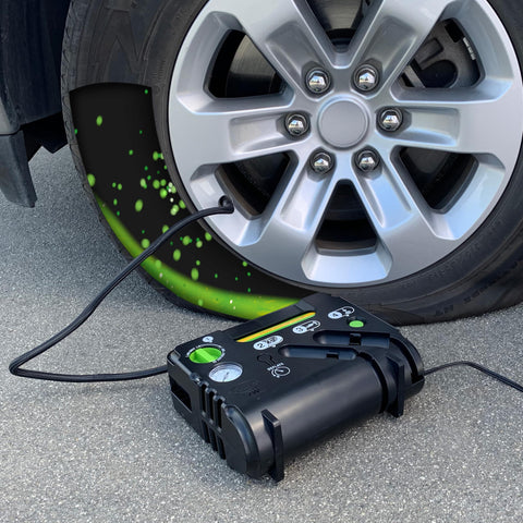 Flat Tire Emergency Repair Kit with Five Point Eight Four Ounce Sealant and Digital Tire Inflator Pump for Cars and Highway Vehicles displayed in use on a tire