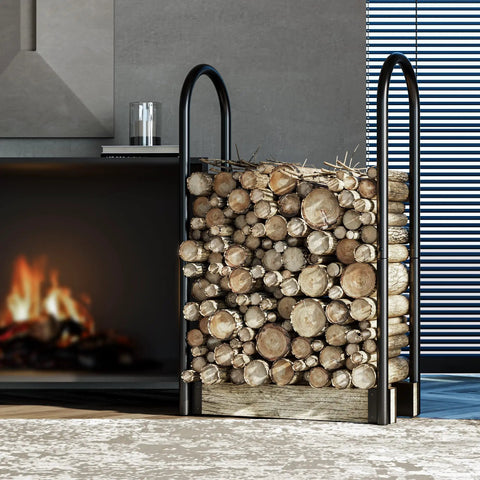 Heavy Duty Firewood Log Rack Kit With Adjustable Bracket For Indoor Or Outdoor Use, next to a fireplace, holding logs.