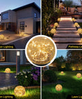 Solar Cracked Glass Ball Outdoor Lights For Garden Decor Waterproof LED lights on pathways, lawn, and garden, warm white glow.
