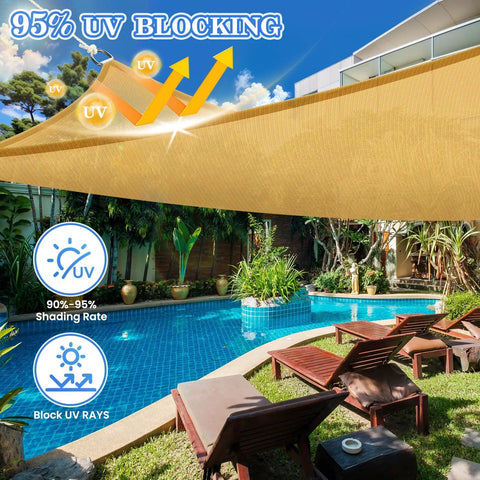 Rugged Heavy Duty Sun Shade Sail For Outdoor Patio And Backyard, UV Protection Canopy, Tear Resistant Wind Sail For Deck, Lawn And Garden, Triangle Shade, 6x6x6 Feet, Sand installed over poolside area.