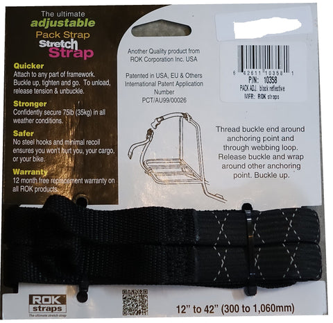 Adjustable Stretch Strap 12 to 42 Inch Pack With Quick Release Buckle 100 Pound Capacity packaging with instructions