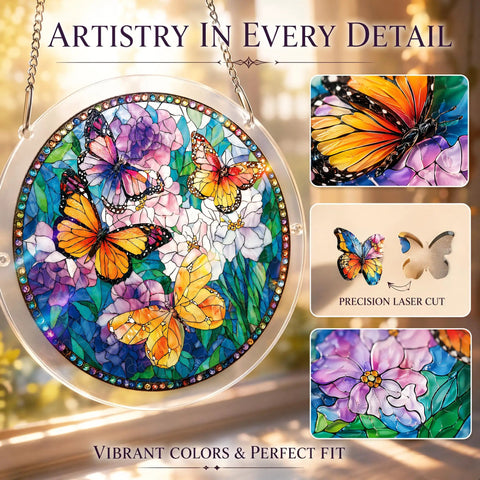 83 Piece Acrylic Suncatcher Puzzle Kit With Forget Me Not Pattern For Doors Windows And Garden, butterfly and flower detail