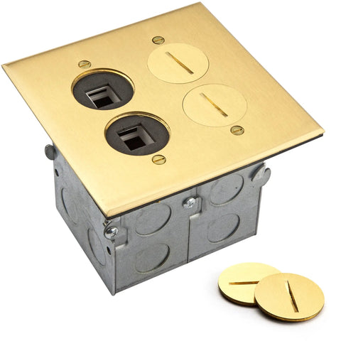 Two Gang Floor Box Kit 5 By 5 Inch With 20 Amp Tamper Resistant Receptacle Brass Data Port Watertight Gasket And Corrosion Resistant Hardware For Raised Floors In Homes And Offices Easy Install