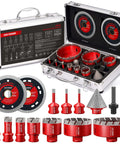 DAYDOOR Diamond Hole Saw Kit, 15-piece red tile hole saw set with vacuum-brazed core bits in metal case.