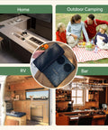 Black folding bar mat with grid texture and integrated cutting board, 18x12 inches, shown in kitchen, picnic, RV, and bar scenes.