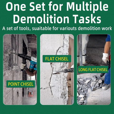 SDS Max 3 Piece Chisel Set Heavy Duty With 3 Inch Scaling Chisel, 1 Inch Flat Chisel, Point Chisel in use on concrete wall