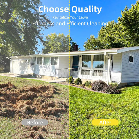 Before and after lawn care results using Heavy Duty Lawn Leveling Rake With Stainless Steel Build in a backyard setting.