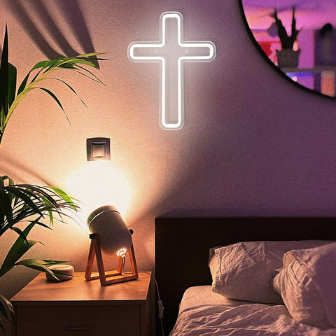 Cross Neon Sign Light Jesus Christ USB Powered Wall Mount Decor For Home Wedding Party Meditation Easter White 16x12 Inch Acrylic Back Panel Neon Glow With PVC Hose Perfect Gift And Holy Vibe Dope Centerpiece