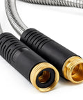 Close-up of Ultra Lightweight 100 Ft Garden Hose with solid brass fittings and anti-kink design for watering and car washing.