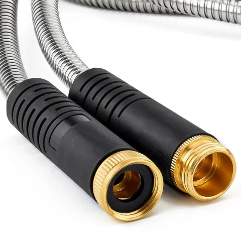 Close-up of Ultra Lightweight 100 Ft Garden Hose with solid brass fittings and anti-kink design for watering and car washing.