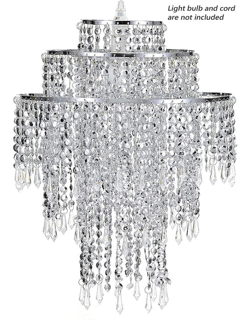 Large Three Tier Beaded Chandelier Lampshade With Sparkling Silver Beads And Acrylic Droplets, Chrome Frame, Ceiling Pendant Light Shade