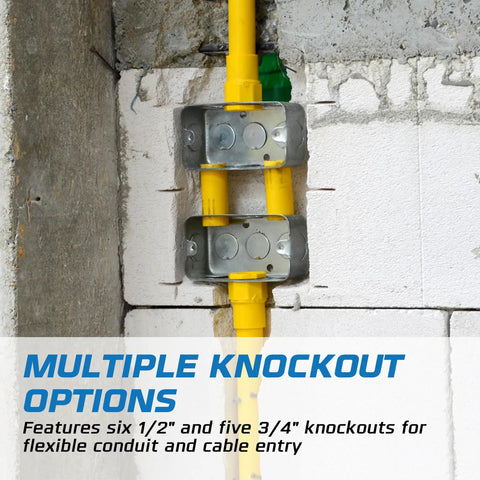 Heavy Duty 4x2 Inch Steel Electrical Handy Box Kit 10 Pack With 1/2 Inch And 3/4 Inch Knockouts installed in wall