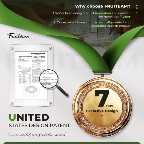 Design patent and 7-year exclusive design medal displayed with green ribbon.