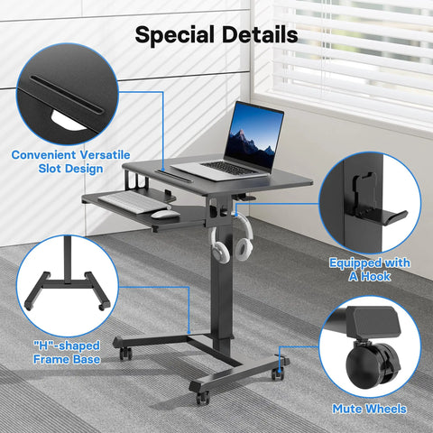 Mobile Standing Desk With Keyboard Tray And Wheels, Sit Stand Laptop Cart On Rollers, Gas Spring Lift Adjustable, equipped with slot, hook, mute wheels