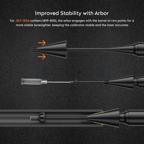 Diagram showing Green Laser Bore Sight Kit With 32 Caliber Adapters From.17 HMR To 12 Gauge, focusing on stability with arbor.