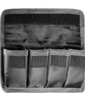 DSLR Battery Case And Holder For AA And LPE Series Batteries with Quick Release Access, black nylon, 4-slot interior view.