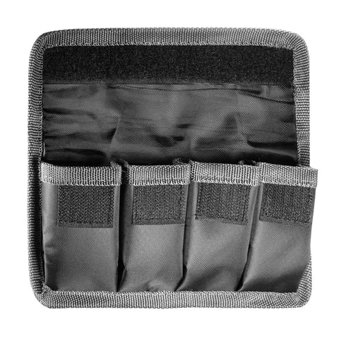 DSLR Battery Case And Holder For AA And LPE Series Batteries with Quick Release Access, black nylon, 4-slot interior view.