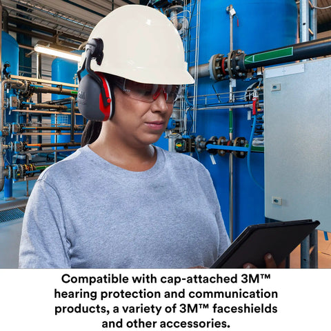 Person wearing SecureFit Hard Hat With Uvicator Sensor And 4 Point Suspension White Non Vented Cap Style Safety Helmet Adjustable Height For All Day Comfort ANSI Z87.1 Compliant Fits 50 To 64 Cm Head Size Jobsite Ready in industrial setting