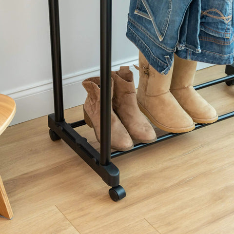 Heavy Duty Double Rod Clothes Rack With Smooth Rolling Lockable Wheels And Height Adjustable Extendable Bar Dead Simple Setup Portable Wardrobe Stand For Coats Dresses Pants Belts Shoes Hang Whatever You Need No Sweat
