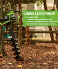 80V Brushless Earth Auger And Post Hole Digger With LED Work Lights next to tree showing spiral drill bit in garden setting.