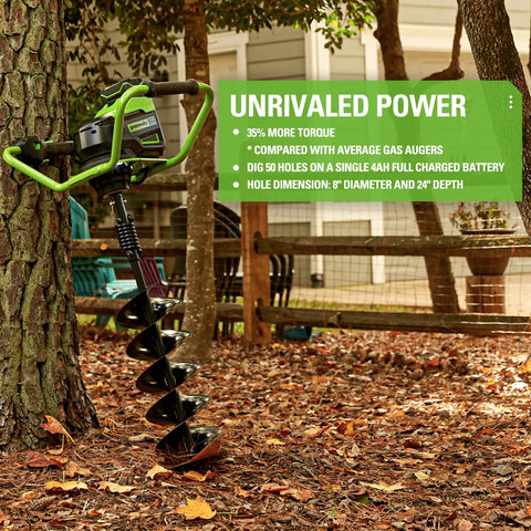 80V Brushless Earth Auger And Post Hole Digger With LED Work Lights next to tree showing spiral drill bit in garden setting.