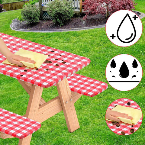 Three Piece Fitted Picnic Table Cover Set With Bench Covers Vinyl Tablecloth With Flannel Backing For 6ft Tables Outdoor Camping Red Checked