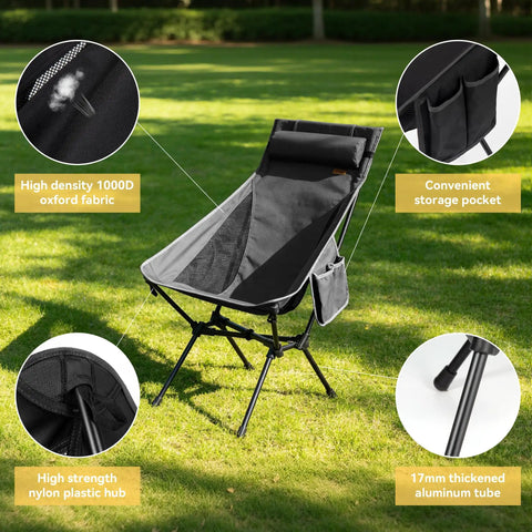 Ultra Lightweight Portable High Back Camping Chair With Head Support 440 Lbs Capacity on grass showing materials and design