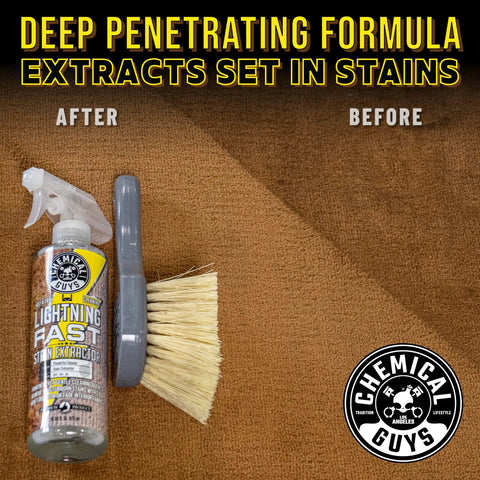 Lightning Fast Carpet And Upholstery Stain Extractor 16 Oz with brush on brown carpet showing stain removal results.