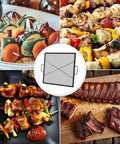 30 Inch Square Fire Pit Grate For Outdoor Cooking Heavy Duty Steel With Heat Resistant Coating Diamond Mesh And X Marks Design Ideal Grill Rack For Backyard BBQ Camping And Family Gatherings shown with various grilled foods.