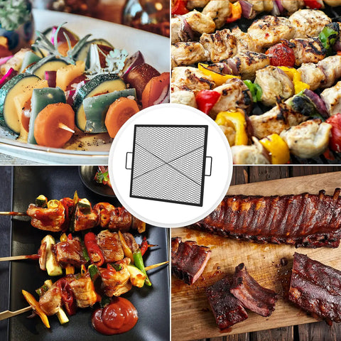 30 Inch Square Fire Pit Grate For Outdoor Cooking Heavy Duty Steel With Heat Resistant Coating Diamond Mesh And X Marks Design Ideal Grill Rack For Backyard BBQ Camping And Family Gatherings shown with various grilled foods.