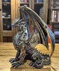 Dope Steampunk Dragon Statue Resin Sculpture With Gears And Metallic Finish For Home Decor And Man Cave Gothic Retro Look Collectible Dragon Figurine 12 Inch Tall on a wooden table.