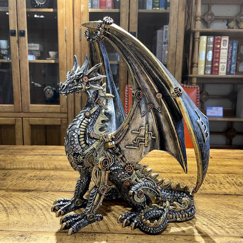 Dope Steampunk Dragon Statue Resin Sculpture With Gears And Metallic Finish For Home Decor And Man Cave Gothic Retro Look Collectible Dragon Figurine 12 Inch Tall on a wooden table.