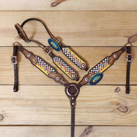 Custom Western Leather Headstall And Breast Collar Tack Set Showcasing Fire Painted Finish with leaf carving on wood background.