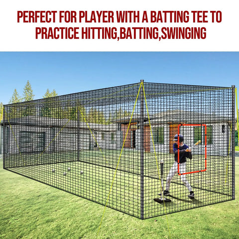 Portable Baseball And Softball Batting Cage 22ft By 12ft By 8ft With Pitching Machine Hole in backyard setup with player practicing