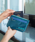World Travel Essentials Dual RFID Passport And Currency Organizers With Colorful Zippers at airport desk