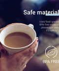 White ceramic coffee cup held by hands with coffee; overlay reads BPA FREE and Safe Materials.