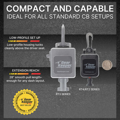 Retractable CB Radio Microphone Holder With Heavy Duty Tether Cord Keeps Your Mic Right Where You Need It On the Dash Stops That Dang Swinging For Trucks and Road Trippers with visible extension length and low-profile design.