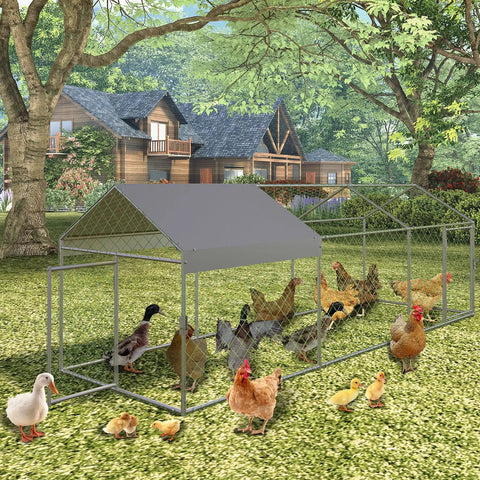 Walk-In Chicken Coop With Run 120x40x40 Inch Outdoor Backyard Poultry Pen Heavy Duty Galvanized Steel Frame With Security Lock