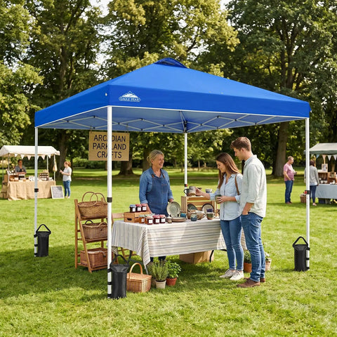 Pop Up Canopy Tent With Wheeled Carry Bag For Easy One Person Setup 10x10 Foot Shade Canopy Providing 100 Sq Ft Of Coverage Includes 8 Stakes 4 Ropes 4 Weight Bags Blue at a craft fair