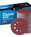 150 Piece Sanding Disc Set With 60 80 100 120 150 180 240 320 400 600 Grits 5 Inch 8 Hole Hook And Loop Discs stacked with box