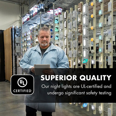 Ambient LED Night Light 2 Pack With Dusk To Dawn Sensor, testing for UL certification in quality control facility