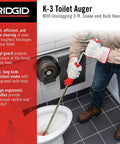 Heavy Duty Toilet Auger With Bulb Head Snake And Pro Clog Remover For Modern Low Flow Toilets Smooth Operator Drain Tool being used.